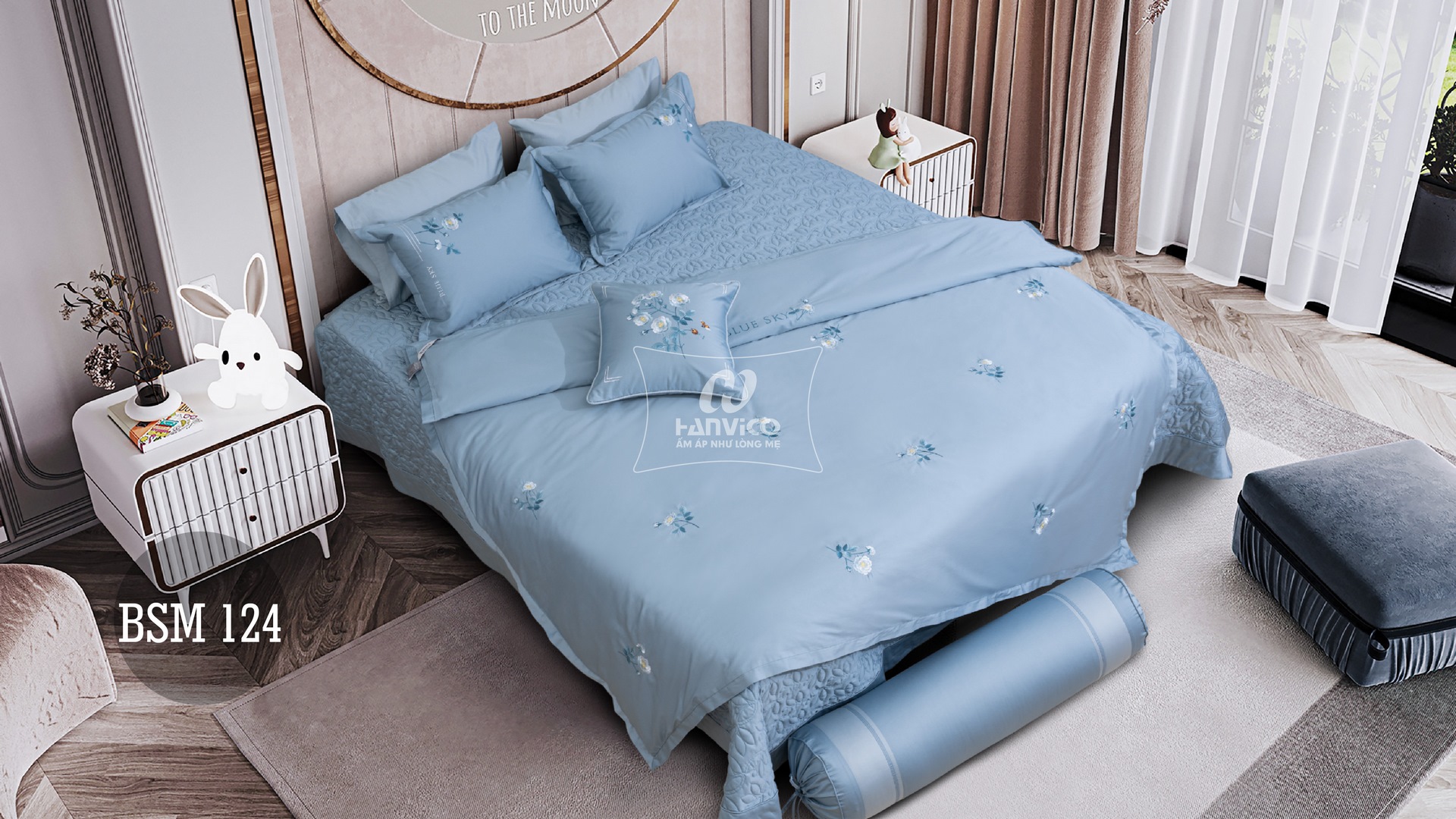 Bộ ga Hanvico phủ thêu Blue Sky - BSM124